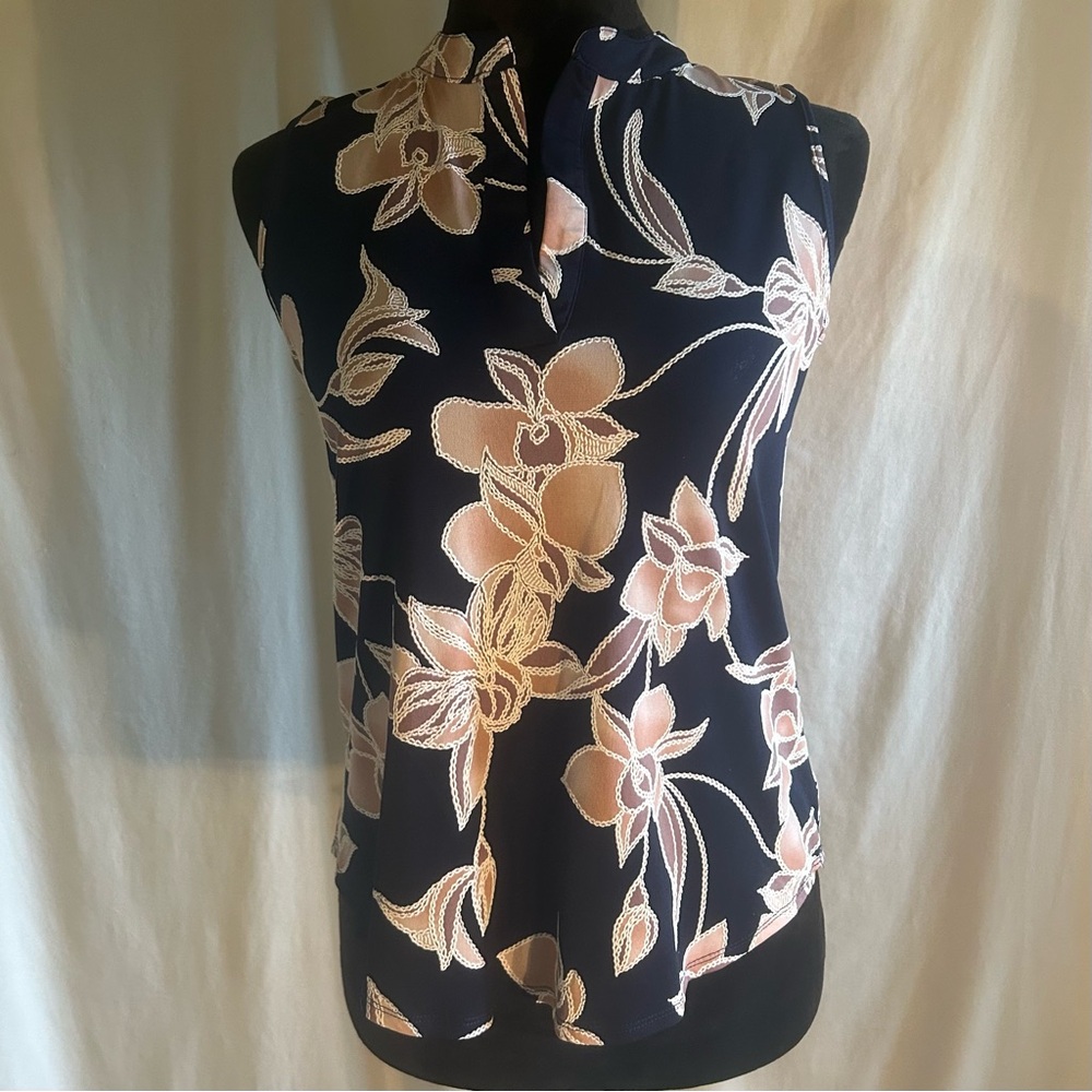 SJS Floral Print Sleeveless Embroidered Blouse Mandarin Collar Career Office S